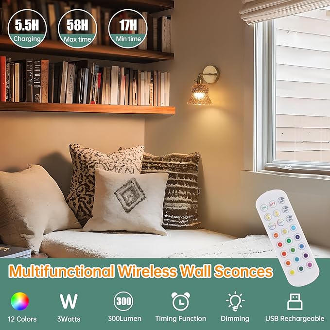 Shenmoyl Vintage Battery Operated Wall Sconce, Rechargeable Battery Powered Wall Sconces with Remote Control, Wireless Dimmable LED Light for Bedside Indoor Living Room (Amber Pineapple)