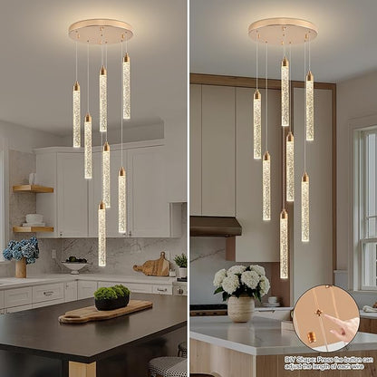 Crystal Staircase Chandelier, Modern Gold Spiral Dimmable LED Cluster Raindrop Foyer Chandelier Lighting, Bubble Living Room Hanging Light Fixture 7 Light Remote Control