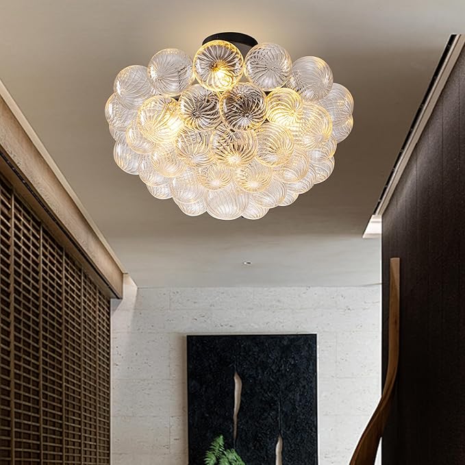 Hand Blown Glass Bubble Ball Chandelier Black Finish 24" Semi-Flush Mount Ceiling Light Fixtures Art Deco Cluster Ribbed Glass Globe Lighting for Dining Room Living Entry Farmhouse