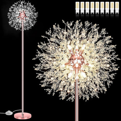 BesLowe 69'' Crystal Floor Lamp for Living Room, Modern Standing Lamp with 738PCS K9 Crystals, Tall Lamp Pole Light for Bedroom Office, Mid Century Floor Lighting with 9 LED Bulbs, Rose Gold