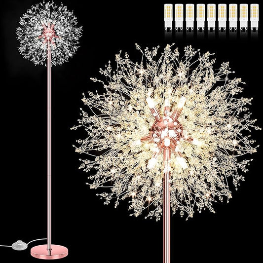 BesLowe 69'' Crystal Floor Lamp for Living Room, Modern Standing Lamp with 738PCS K9 Crystals, Tall Lamp Pole Light for Bedroom Office, Mid Century Floor Lighting with 9 LED Bulbs, Rose Gold