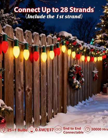 Red and White LED Christmas Lights,25FT Vintage C9 Red White Christmas Lights Outdoor with 26 LED Bulbs,Commercial Extendable Xmas Light for Roofline Patio Holiday Party Backyard Xmas Decor