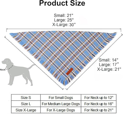 ADOGGYGO Dog Bandanas Boy with Tassels Edges, Stylish Blue Plaid Pet Scarf, Soft Cotton Fabric, Adjustable Reversible Plaid Bandanas for Medium Large Dogs (Large)