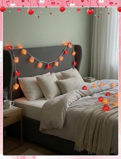 8.5ft Valentine’s Day Heart String Lights Plug in, Vintage Rattan Lights with 10 LED Red Pink Shatterproof Bulbs, Fairy Lights for Indoor Outdoor Home Decor Wedding Party Birthday, Warm White