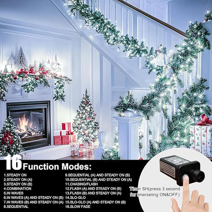 LAMPHOME 99ft Christmas Decorative Mini Lights, 300 LED Transparent Wire Fairy Starry String Lights Plug in, 16Lighting Modes for Indoor Outdoor Xmas Tree Wedding Party Decoration (White)