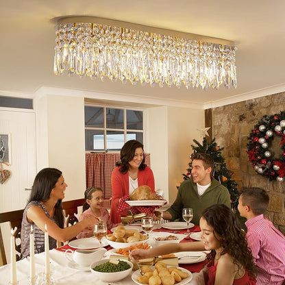 Siljoy 12-Light Modern Gold Crystal Raindrop Chandelier for Dining Room, Luxury Oval Flush Mount Crystal Pendant Ceiling Light Fixture for Living Room Kitchen Island Bar L47''xW11''xH10.6''