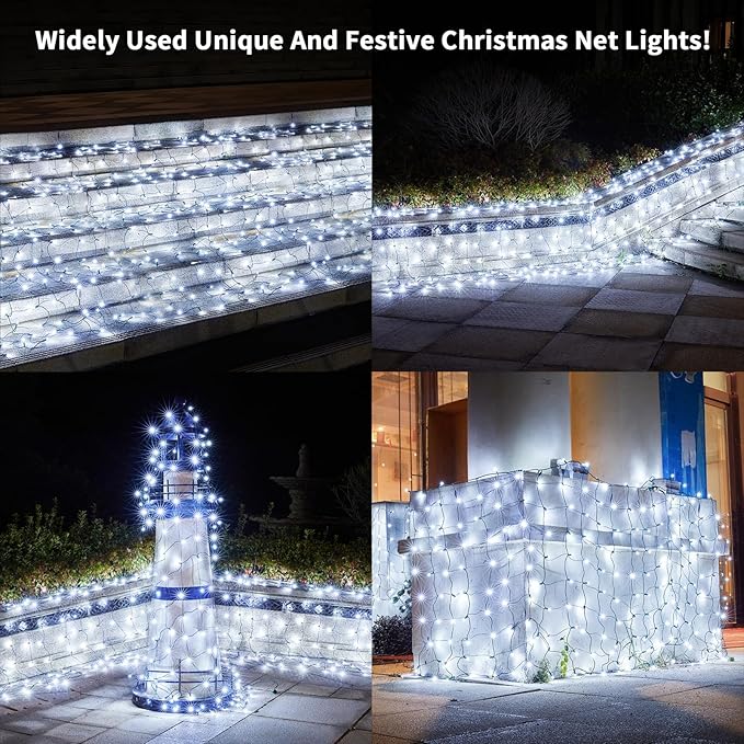 Dirnun Led Christmas Net Lights White Outdoor Christmas Lights 160LED 5ftx7ft, Waterproof Outdoor Indoor Fairy Mesh Net Light for Xmas Party, Yard, Patio, Trees, Shrubs, Bushes Decorations