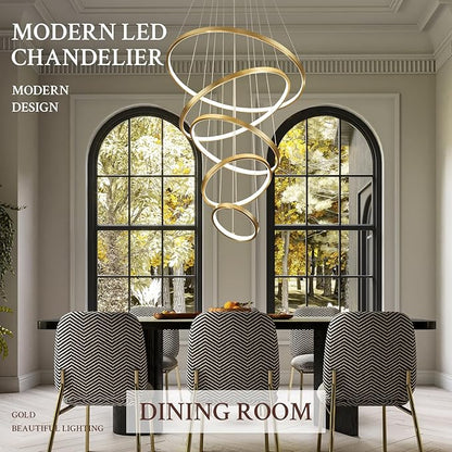 5 Ring Modern LED Chandelier Dimmable Gold High Ceiling Chandeliers for Foyer, LED Contemporary Large Pendant Lighting with Remote Control Circular for Living Room Staircase, 3000K-6500K