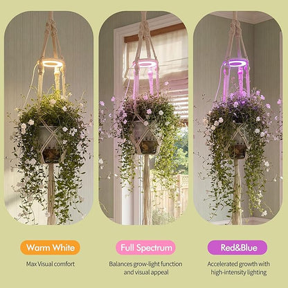 Hanging Plant Grow Lights for Indoor Plants with Timer, Wall Mounted Full Spectrum Pendant Growing Light with Macrame Plant Hanger, Ceiling LED Planta Luz for Potted Plants Home Decor