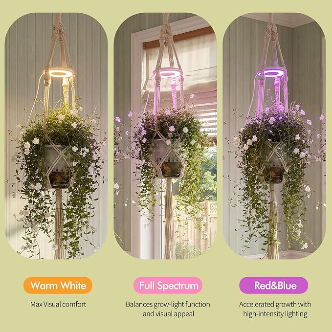 2 Pack Hanging Plant Grow Lights for Indoor Plants with Timer, Wall Mounted Full Spectrum Pendant Growing Light with Macrame Plant Hanger, Ceiling LED Planta Luz for Potted Plants Home Decor