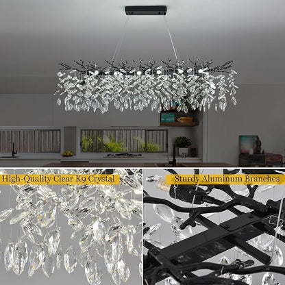 Modern Rectangle Crystal Tree Branch Chandelier, L47.3'' Luxury Black Linear Art Deco Raindrop Pendant Lighting Fixture for Kitchen Island Foyer Living Room Dining Room 14 Lights