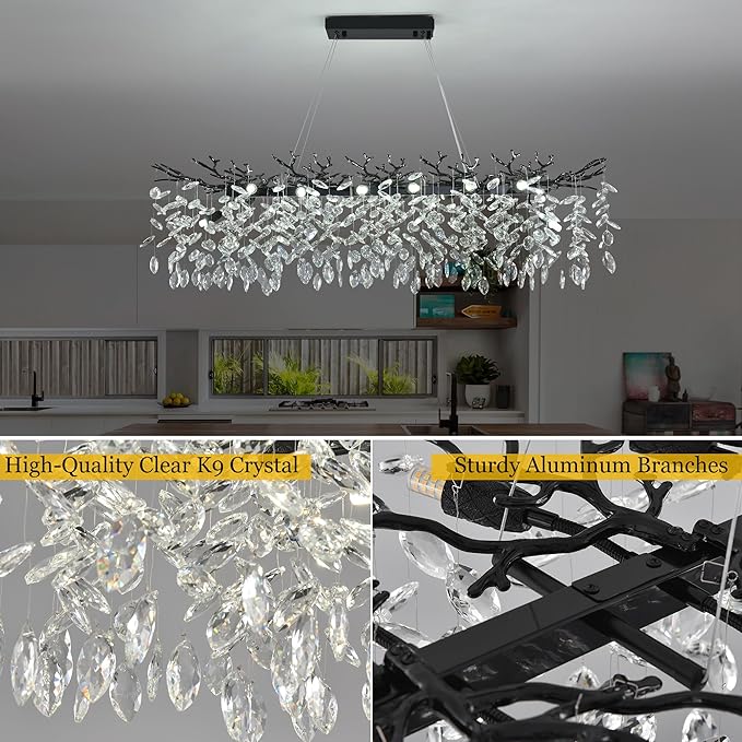 Modern Crystal Tree Branch Chandelier L40'', Black Linear Rectangle Art Deco Pendant Light Raindrop Lighting Fixture for Dining Room Kitchen Island 10 Lights