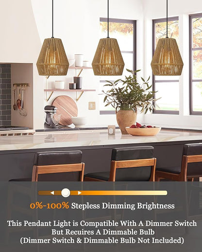 ELYONA 3 Pack Woven Pendant Lights, 7” Modern Boho Hanging Lamp with Handwoven Woven Rattan Shade, Adjustable Farmhouse Coastal Pendant Light Fixtures for Kitchen Island,Dining Room,Bar, Foyer Hallway