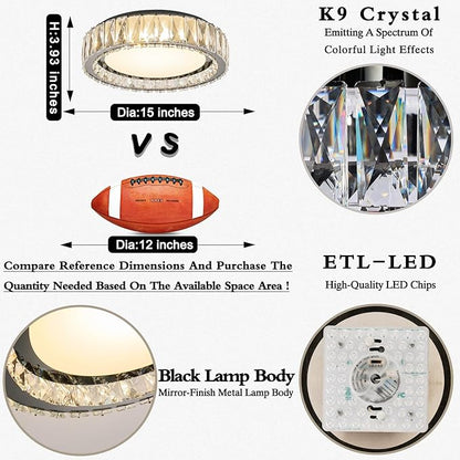 Crystal Dimmable Flush Mount Ceiling Light, Black Modern LED Close to Ceiling Light Fixture with 5CCT 2700K-6000K, Round kitchen Lighting for Bedroom, Laundry Room, Hallway, Living room (15in 36W)