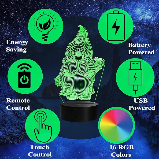 Gnome Night Light, Gnome Gifts, 3D Illusion Lamp with Remote Control, 16 RGB Colors, 4 Flashing Modes, Timer, Dimmable, Gnome Stuff for Decor for Holiday Birthday Christmas
