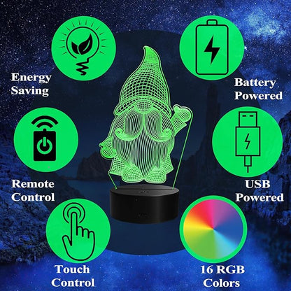 Gnome Night Light, Gnome Gifts, 3D Illusion Lamp with Remote Control, 16 RGB Colors, 4 Flashing Modes, Timer, Dimmable, Gnome Stuff for Decor for Holiday Birthday Christmas