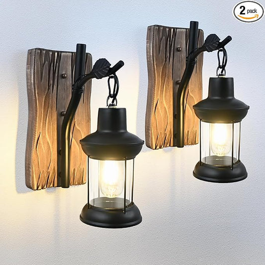 Rustic Wall Light Fixtures Vintage Wall Sconces Sets of 2 Farmhouse Antique Wooden Wall Lamps with Clear Glass Mounted Lighting Black Bedside Sconces Lighting for Bar Cafe Barn Stairs