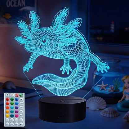Axolotl Night Light, Axolotl Gifts, 3D Illusion Lamp with Remote Control, 16 RGB Colors, 4 Flashing Modes, Timer, Dimmable, Axolotl Toys Stuff for Decor for Holiday Birthday Christmas