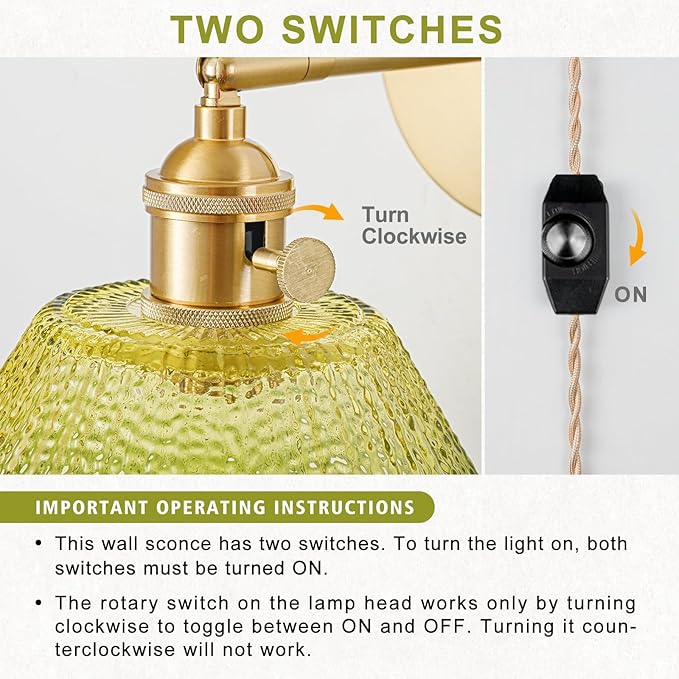 Plug in Wall Sconces Set of 2, Vintage Wall Sconce Light with Gradient Green Glass Lampshade, Bedroom Wall Sconce with Switch and Plug in wall lamp Cord, Gold Wall Light Wall Decor Set of 2
