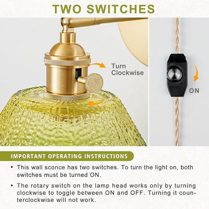 Plug in Wall Sconces Set of 2, Vintage Wall Sconce Light with Gradient Green Glass Lampshade, Bedroom Wall Sconce with Switch and Plug in wall lamp Cord, Gold Wall Light Wall Decor Set of 2