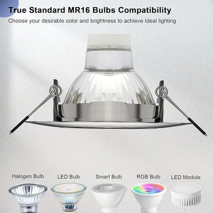 6 Pack Recessed Ceiling Light Mounting Frame, Compatible with MR16 GU5.3 Bulbs, Round Fixture Holders Adjustable for Commercial Cabinet, Polished Chrome