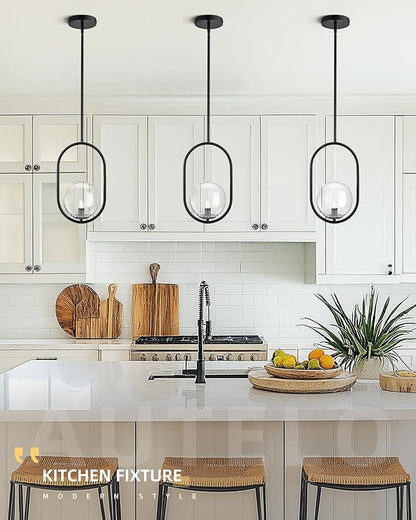 AUTELO 1-Light Matte Black Pendant Lights Kitchen Island, Kitchen Pendant Lighting Over Island with Clear Globe Glass, Black Hanging Lamp with Adjustable Rod for Kitchen Island H9376 CLBK