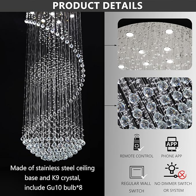 D24'' x H78'' Crystal Chandelier Glam Chandelier High Ceiling Chandeliers for Staircaes Large Raindrop Chandeliers LED Dimmable Light Fixtures for Foyer Hallway Entryway