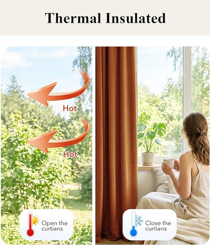 StangH Velvet Curtains 96 inches Long - Burnt Orange Holiday Home Decor Back Tab Blackout Privacy Assured Window Covering for Living Room Sliding Door, W52 x L96, 2 Panels