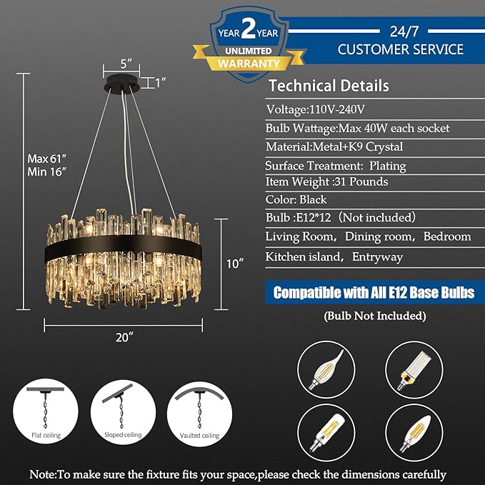 Crystal Chandeliers for Dining Room Lights Fixtures, 12 Lights Luxury Black Modern Chandeliers for Bedroom, 2-Tier Round Crystal Lighting Fixtures for Living Room Entryway Kitchen Island D20 Inch