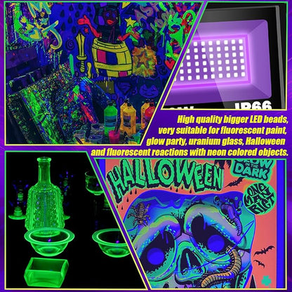 80W Black Light IP66 Waterproof Outdoor Flood Light with 6ft Cord+Plug+Switch, Blacklight Floodlight for Halloween Neon Glow in The Dark Fluorescent Poster Body Paint Bedroom 2 Pack