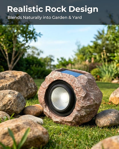 2 Pack Solar Rock Lights Outdoor, Angle Adjustable Solar Lights Outdoor Waterproof, LED Solar Garden Lights, Auto On/Off Landscape Lighting for Yard Pathway Patio Flower Bed - White Glow (Stone Brown)