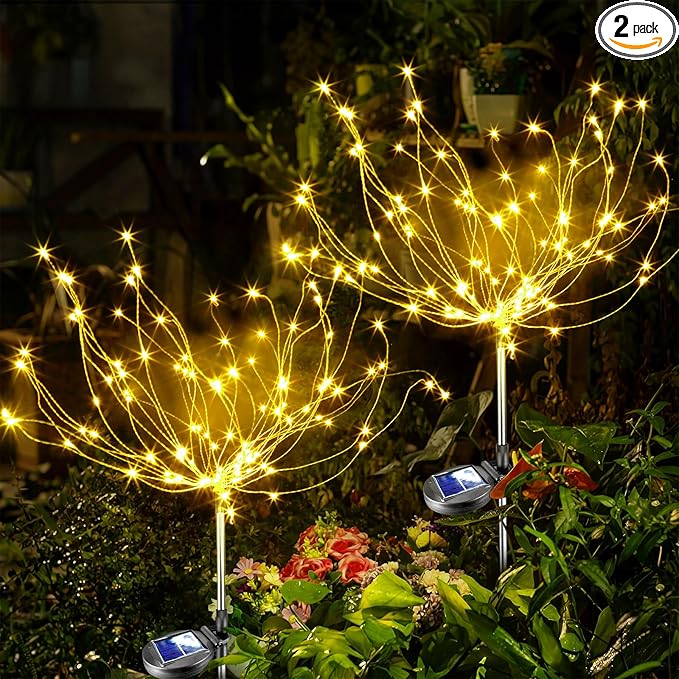 Anordsem Solar Lights Outdoor Waterproof: 2 Pack Garden Light - Bendable Copper Wire with 120 LED Firework Beads - DIY Warm Fun Decoration for Yard Patio - Twinkle Sparkler Gifts for Women Wife
