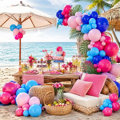 Blue Balloon Arch Kit,Royal Light Blue Hot Pink Balloons with Palm Leaves for Girl Boy Themed Birthday Party Decorations Baby Shower Graduation Summer Pool Hawaii Tropical Party Supplies
