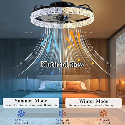 DIAMONDFORGE Ceiling Fans with Remote and Lights Fandelier - Modern Low Profile - 20'' Flush Mount Ceiling Fans for Bedroom,6 Speeds and Stepless Color Temperature- Crystal and Black