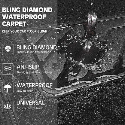 CAR PASS Bling Diamond Car Floor Mats, Sparkling Crystal Shining Glitter Rhinestone Carpet, Anti-Slip PVC Heel Pad Waterproof Universal for Automotive SUV,Sedan,Van,4pcs Girl Women Men Black Diamond
