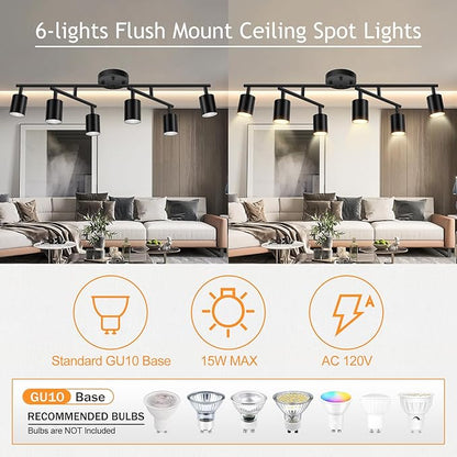 BoostArea 6 Light Track Lighting Kit, Black 6 Way Ceiling Spot Lighting, Center Swivel Track Light Heads, Flexibly Rotatable Light Head for Kitchen, Living Room, Bedroom, GU10 Bulb Not Included