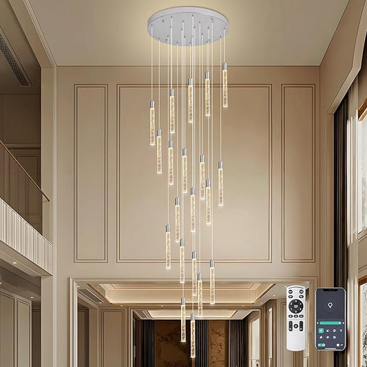 20-Lights Bubble Chandelier for Entryway High Ceiling-157 Height Adjustable Crystal Chandelier,3 Color Temperature Dimmable LED Pendant Light Fixture for Foyer Living Room Staircase,Chrome