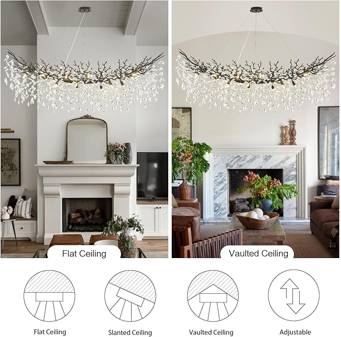 Crystal Chandeliers for Dining Room,63" Black Farmhouse Raindrop Chandelier Large Unique Adjustable Tree Branch Industrial Rectangle Chandelier for Living Room, Bedroom, Entryway (16-Light)