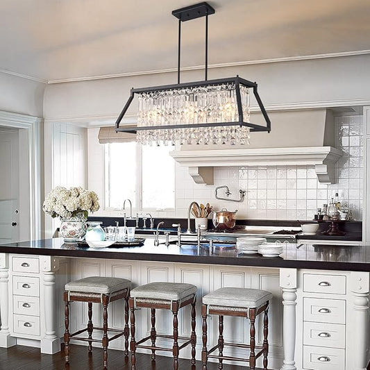 LMQNINE Chandeliers for Dining Room, 3-Light Trapezoidal Industrial Dining Room Light Fixture Farmhouse Chandelier Crystal Pendant Lights Kitchen Island Living Room (Black 30.7 inch)