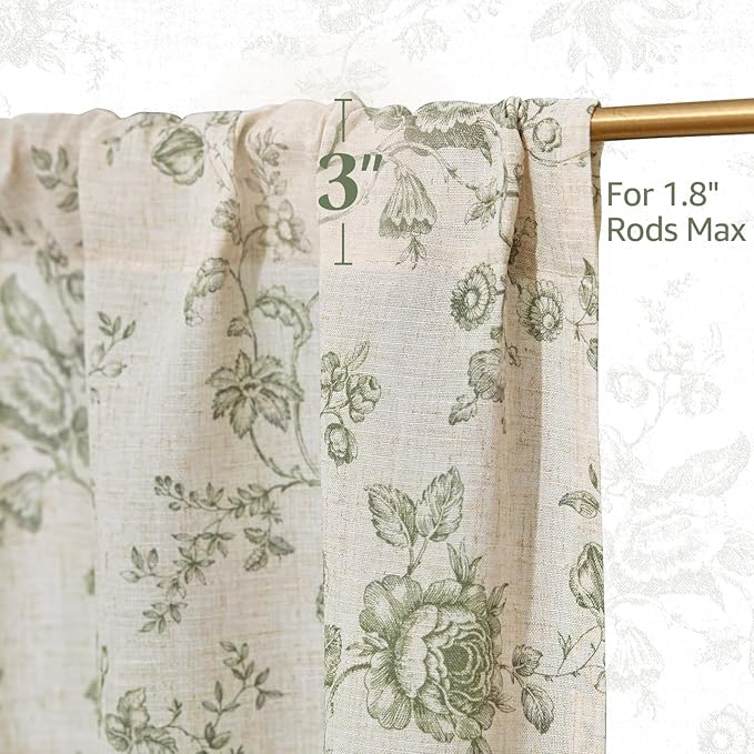 jinchan Amlie Floral Kitchen Curtains 30 Inch Length Linen Cafe Curtains Small Window Drapes Light Filtering Botanical Farmhouse for Bedroom Bathroom Rod Pocket 2 Panels Sage Green on Linen