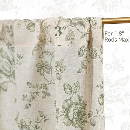jinchan Amlie Floral Kitchen Curtains 30 Inch Length Linen Cafe Curtains Small Window Drapes Light Filtering Botanical Farmhouse for Bedroom Bathroom Rod Pocket 2 Panels Sage Green on Linen