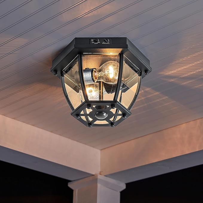 Motion Sensor Flush Mount Ceiling Light Fixture, 2-Light Outdoor Porch Lights Ceiling Mount, Waterproof Matte Black Manual Dusk to Dawn Flush Mount Light Ceiling Lamp, E26 Socket
