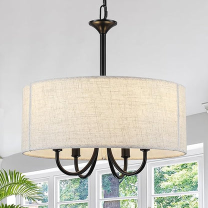 Drum Chandelier for Dining Room, 4-Light Modern Farmhouse Black Chandelier with Linen Drum Shade, 16" Hanging Pendant Ceiling Light Fixture for Kitchen Island Bedroom Living Room