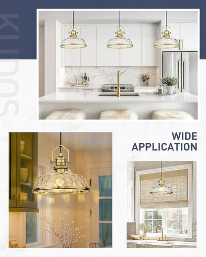 kudos 2 Pack Gold Pendant Lights Kitchen Island, 11" Brass Kitchen Island Lighting with Hammered Glass Shade, Farmhouse Hanging Light Fixture for Kitchen Sink Dining Room Hallways, KDPL13-GD-H-2PK
