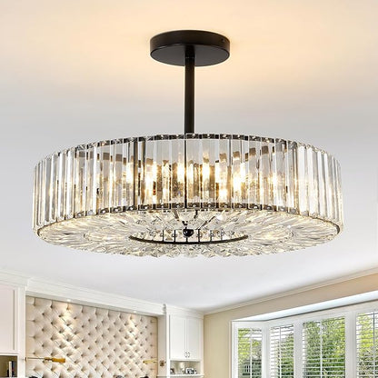 Piepooye 8 Lights Modern Large Crystal Chandelier Black Round Semi Flush Mount Ceiling Light Fixture Farmhouse Chandelier for Dinning Room Living Room Bedroom Hallway Entryway Kitchen