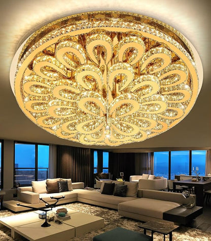 47'' Modern Crystal Chandeliers for Living Room Large Chandelier Ceiling Light Fixture LED Dimmable with Remote Flush Mount Lighting for Dining Room Bedroom Gold