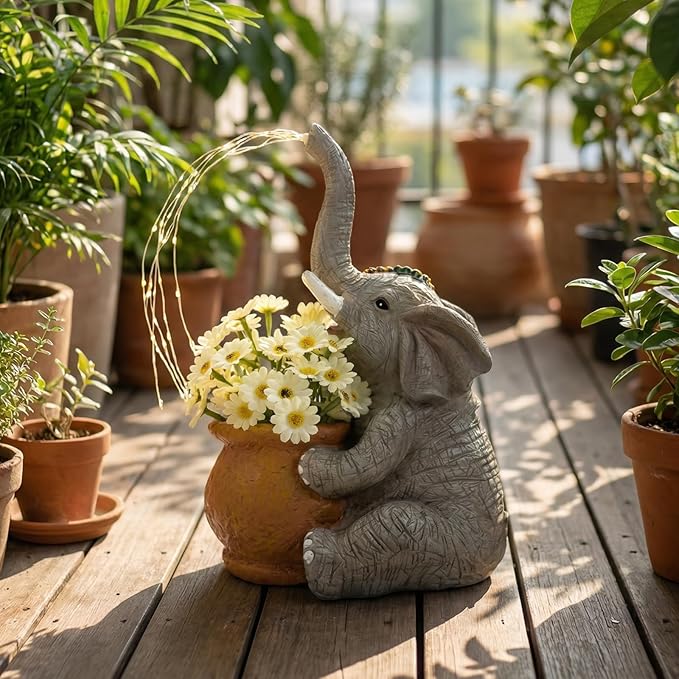 Joint Honglin Solar-Powered Elephant Planter with Lights, Resin Waterproof for Outdoor Garden, Comes with Flowers, Perfect for Night Decor Gift for Yard, Patio (Elephant)