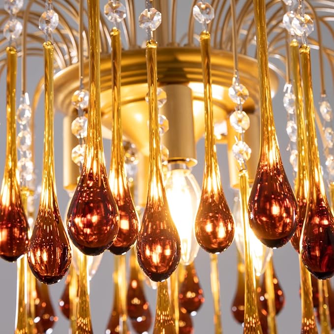 TOCHIC Crystal Gold Chandelier Modern Chandeliers for Dining Room, Raindrop Crystal Chandelier Light Fixture, Vintage Pendant Lighting for Living Room, Bedroom, Bathroom, Foyer, Kitchen Island, 24.5”W