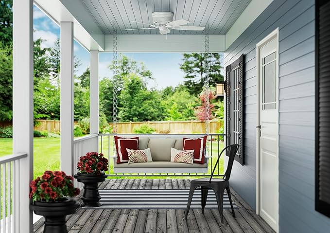 Hunter 48 inch Outdoor or Indoor Ceiling Fan No Light - Low Profile Flush Mount, White Ceiling Fan without Light, For Patio, Porch, Garage, or Living Room, 5 Blades, Pull Chain - Sea Wind 53119, White