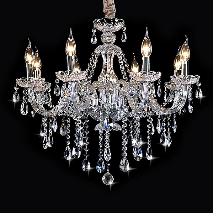 Bagood Clear 8 Lights K9 Crystal Candle Chandeliers Lighting Modern Pendant Lights Ceiling Fixture Lamp for Dining Living Room Bedroom Entry Elegant Decoration E12 Base, H20.5 x W28.3 Inch